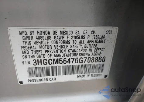 2006 Honda Accord 2.4 Lx from USA, damaged, VIN 3HGCM56476G708860